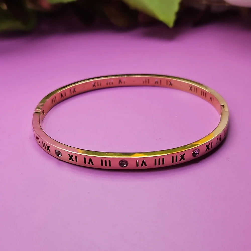 Roman Numeral Bangle Bracelet Rose Gold Stainless Steel Engraved CZ Accents NEW
